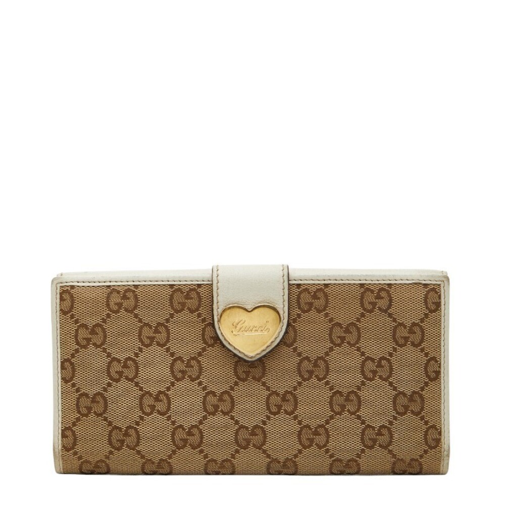 Gucci GG Canvas Double Snap Closure Long Wallet White Beige Cream Leather